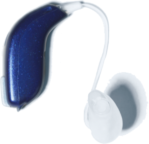 An over-the-ear hearing aid offered by an audiologist in Michigan.
