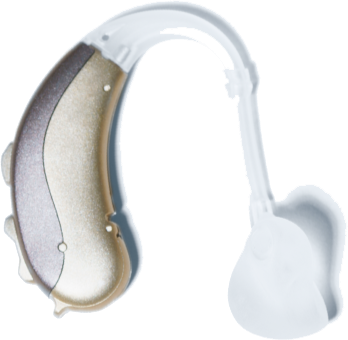 A silver and gold over the ear hearing aid displayed by Hear Michigan Centers. 