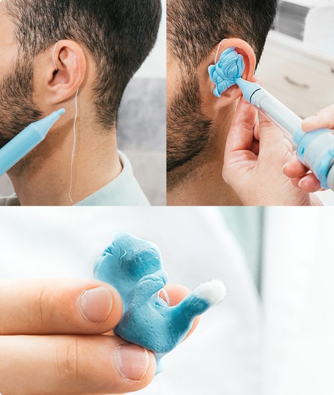 Three scenes showing how to create customized in ear hearing protection.